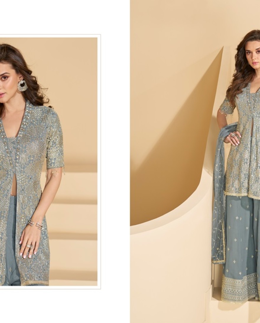 10014 - DUSTY BLUE HEAVY EMBROIDERED PALAZZO SUIT IN REAL GEORGETTE